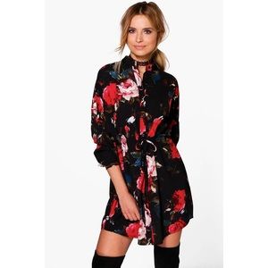 Floral Print Tie Waist Shirt Dress